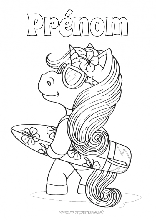 Coloriage à imprimer Licorne Mer Animal Coloriages intermédiaires Surf Dragons, licornes et animaux fantastiques Hibiscus Sports nautiques