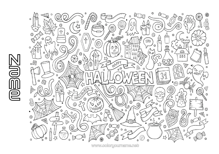 Colouring page to print Broom Disguise Ghost Pumpkin Skeleton Magic Cauldron Halloween Sign-Up