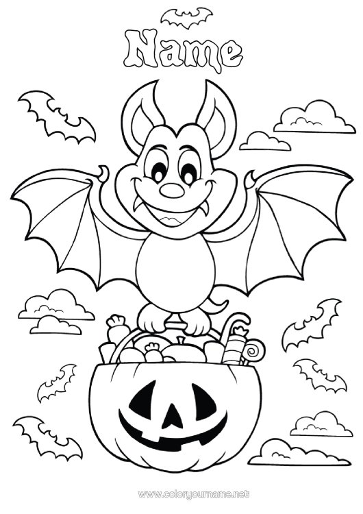 Colouring page to print Vampire Bat Sweets Trick Or Treat? Halloween Intermediate Colouring Sheets Birds And Flying Mammals
