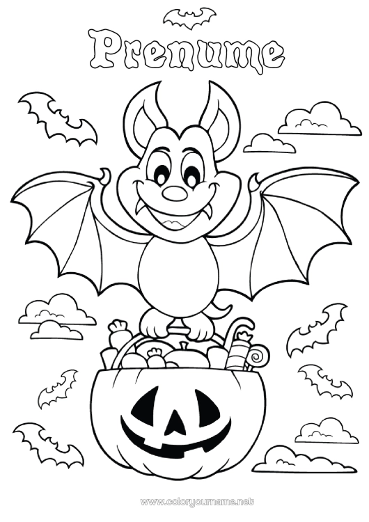 Pagină de colorat de imprimat Vampir Liliac Bomboane O bomboană sau o farsă? Halloween Colorează intermediare Păsări și mamifere zburătoare