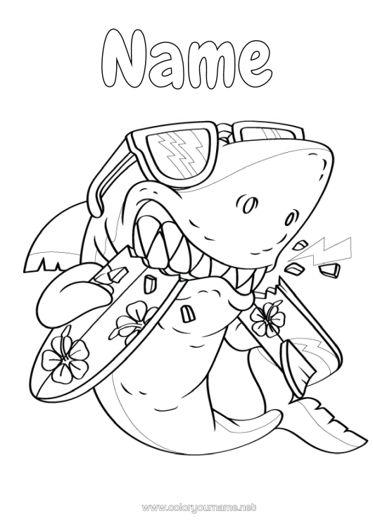 Colouring page to print Sport Animal Intermediate Colouring Sheets Shark Surfing Marine Or Aquatic Animals In A Bad Mood. Hibiscus Water Sports