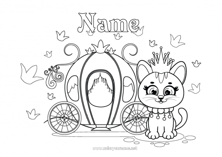 Coloring page to print Castle Cat Fairy tale Intermediate coloring pages Carriages and coaches Dog and cat Historical or vintage vehicles