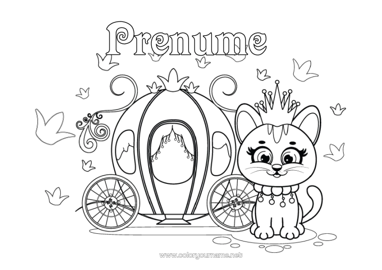 Pagină de colorat de imprimat Castel Pisică Vehicule Animal Poveste cu zâne Colorează intermediare Trăsuri și căruțe Câini și pisici Vehicule istorice sau vintage