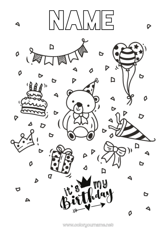 Colouring page to print Bear Cake Gifts Birthday Balloons Animal Intermediate Colouring Sheets Happy Birthday Message Forest Animals