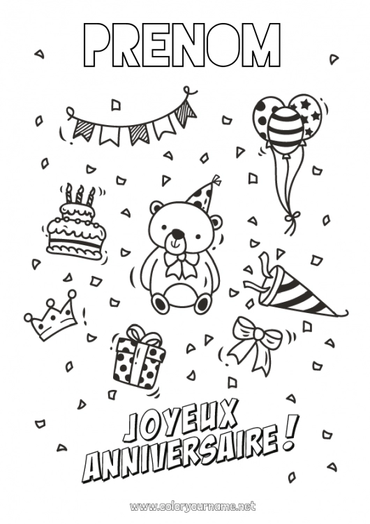 Coloriage à imprimer Ours Gâteau Cadeaux Anniversaire Ballons Animal Coloriages intermédiaires Joyeux anniversaire (français) Message Animaux de la forêt