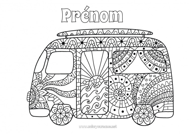 Coloriage à imprimer Été Camion Véhicules Coloriages complexes Surf Van Camions et véhicules utilitaires Voitures, vans et camping-cars Sports nautiques