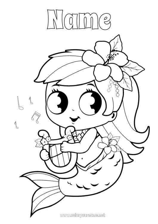 Coloring page to print Summer Mermaid Music Intermediate coloring pages World Music Day Hibiscus