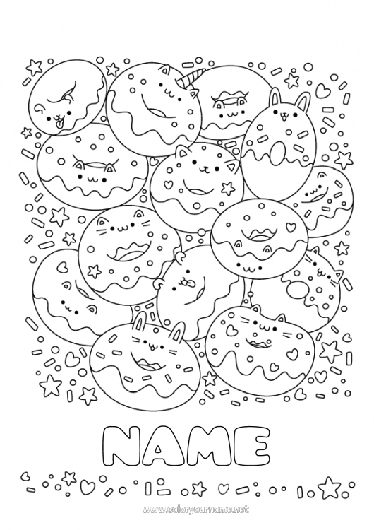 Coloring page to print Cute Cake Kawaii Donuts Treats Intermediate coloring pages