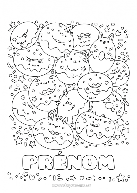 Coloriage à imprimer Mignon Gâteau Kawaii Donuts Gourmandises, sucreries Coloriages intermédiaires