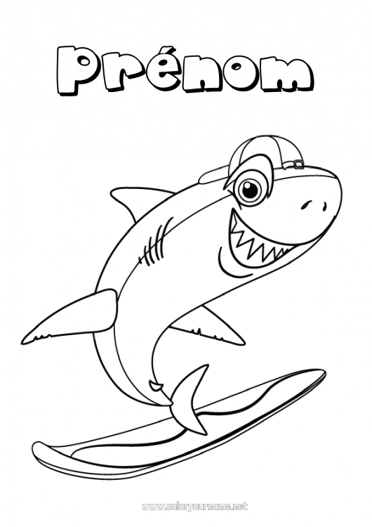 Coloriage à imprimer Sport Animal Coloriages intermédiaires Requin Surf Animaux marins ou aquatique Sports nautiques