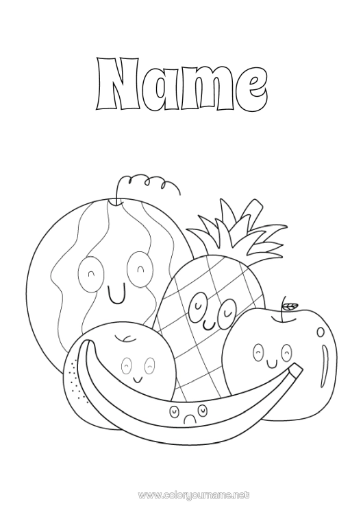 Colouring page to print Cute Food Pineapple Fruit Watermelon Banana