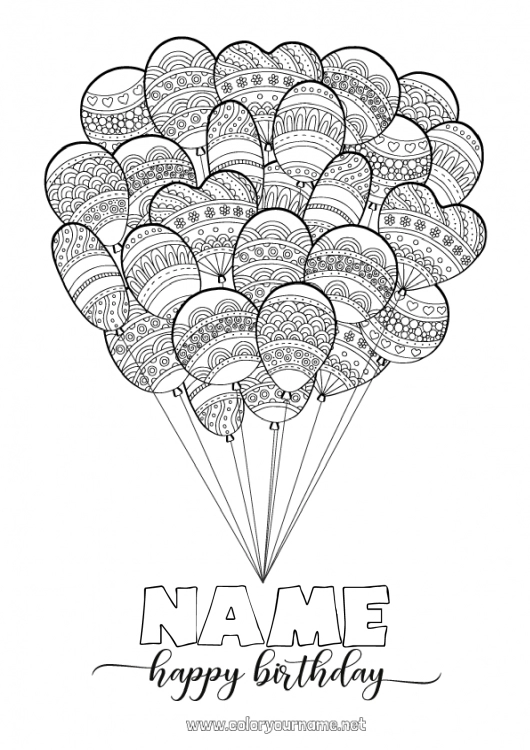 Coloring page to print Birthday Mandala Balloons Complex coloring pages Happy Birthday (English) Message