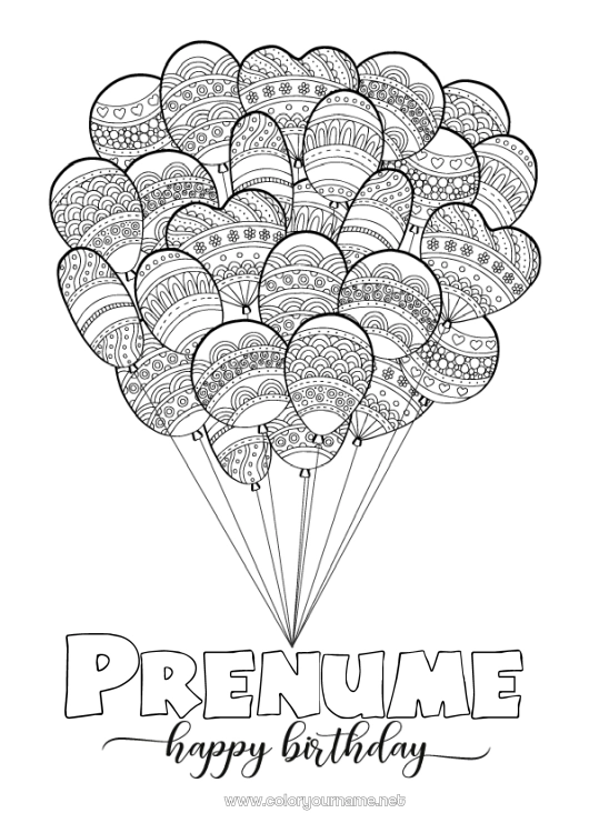 Pagină de colorat de imprimat Aniversare Mandala Baloane Desene de colorat complexe La mulți ani!