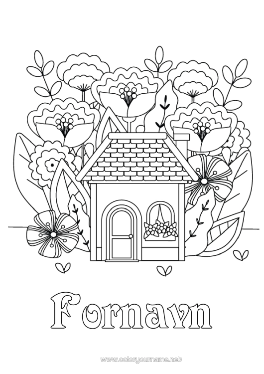 Farvelægningssiden til udskrivning Blomster Forår Hus Mellemliggende farvelægninger