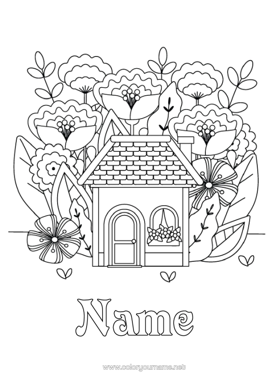 Colouring page to print Flowers Spring House Intermediate Colouring Sheets
