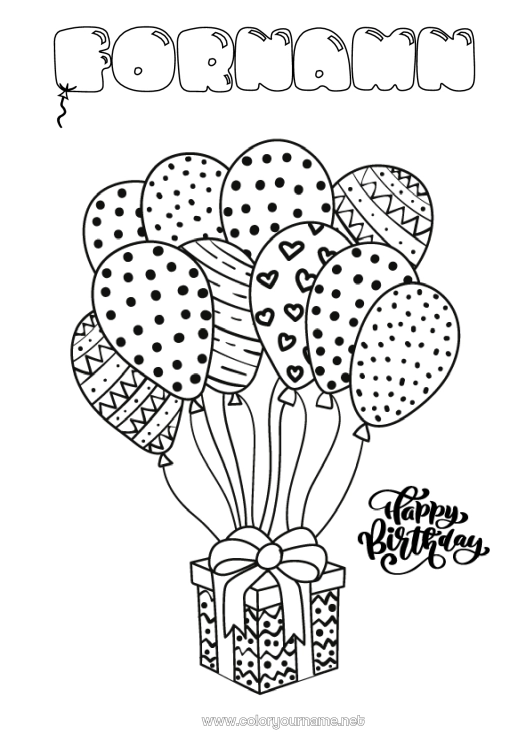 Färgläggningssida att skriva ut Gåvor Födelsedag Ballonger Mellannivå färgläggningar Grattis på födelsedagen!