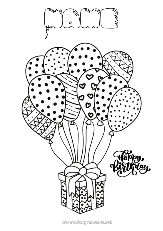 Colouring page to print Gifts Birthday Balloons Intermediate Colouring Sheets Happy Birthday Message