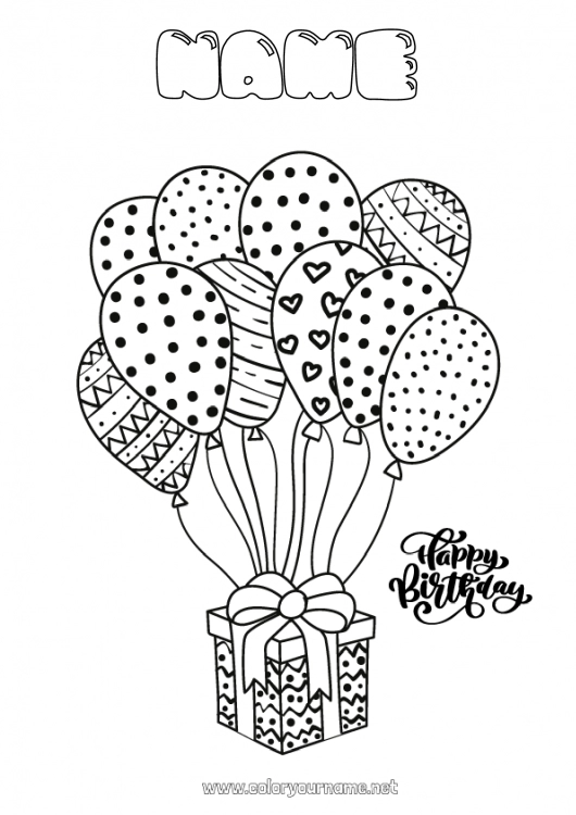 Coloring page to print Gifts Birthday Balloons Intermediate coloring pages Happy Birthday (English) Message