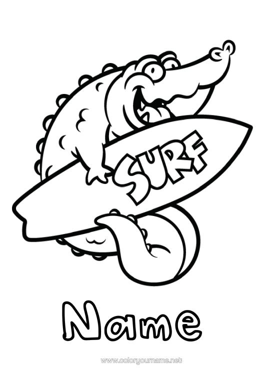 Colouring page to print Sport Crocodile Summer Animal Easy Colouring Pages Surfing Reptiles Water Sports