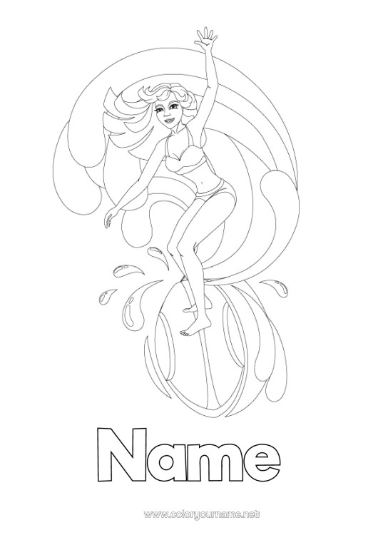 Colouring page to print Sport Girl Summer Intermediate Colouring Sheets Surfing Water Sports