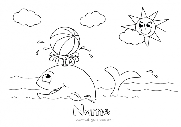 Coloring page to print Summer Sun Whale Sea Marine or aquatic animals