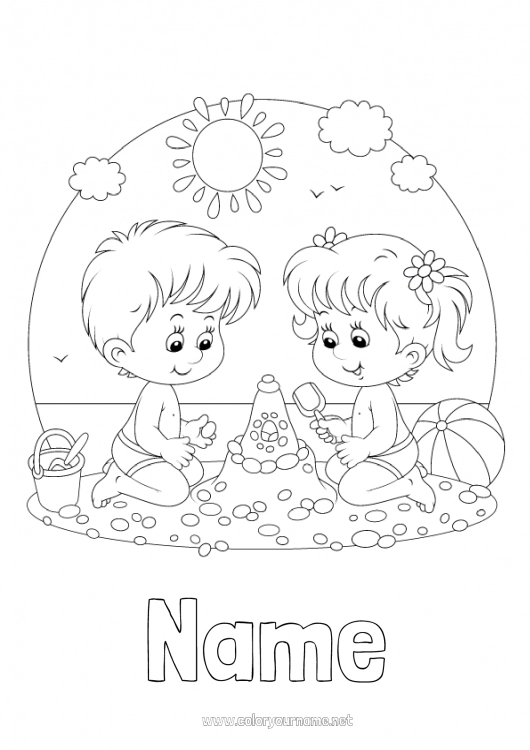 Coloring page to print Girl Boy Summer Beach Child