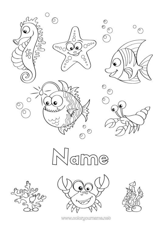 Colouring page to print Cute Summer Sea Animal Fish Marine Or Aquatic Animals