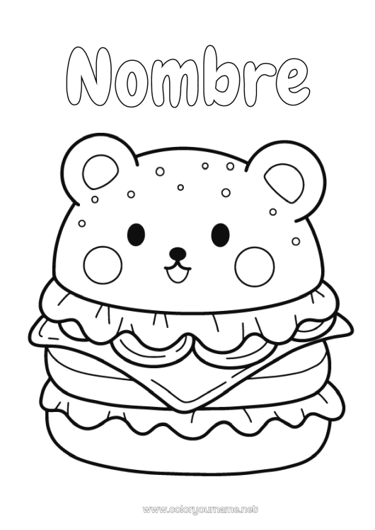 Dibujo para colorear para imprimir Lindo Kawaii Alimento Dibujos fáciles para colorear Hamburguesa