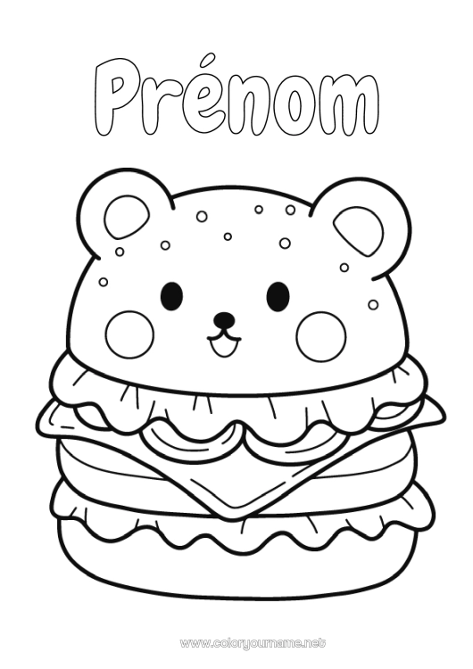 Coloriage à imprimer Mignon Kawaii Nourriture Coloriages faciles Hamburger