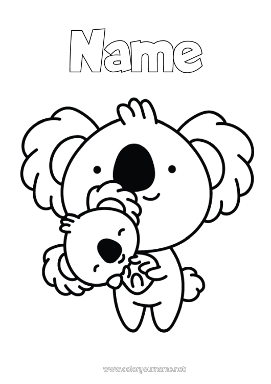 Colouring page to print Cute Child Animal Koala Easy Colouring Pages Other Animals Of The World Adult Hug Animal Family Cub Animals Of Australia