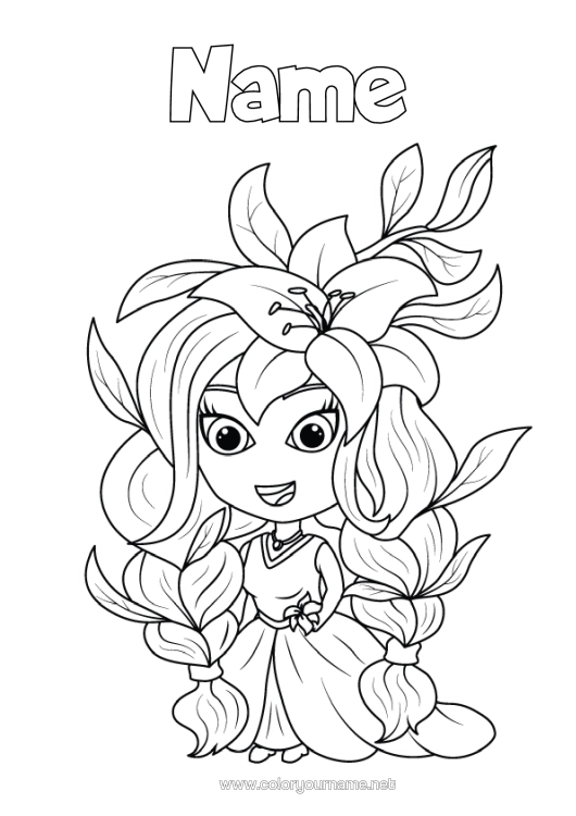 Colouring page to print Flowers Girl Leaves Fairy Tale Hibiscus Fairy