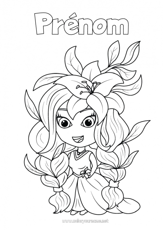 Coloriage à imprimer Fleurs Fille Feuilles Conte de fées Hibiscus Fée