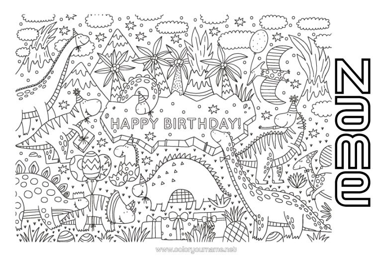 Colouring page to print Birthday Dinosaurs Complex Colouring Pages