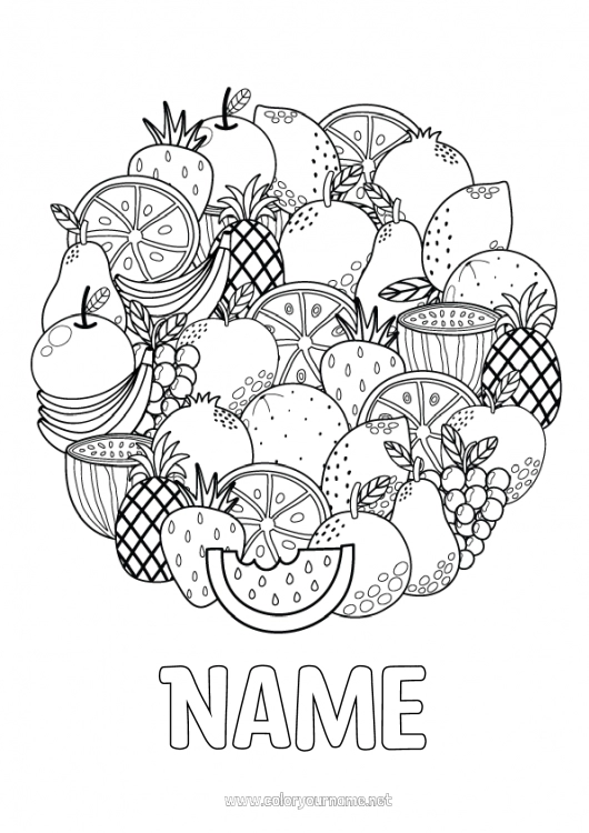 Coloring page to print Mandala Food Pineapple Fruits Complex coloring pages Strawberry Watermelon Banana