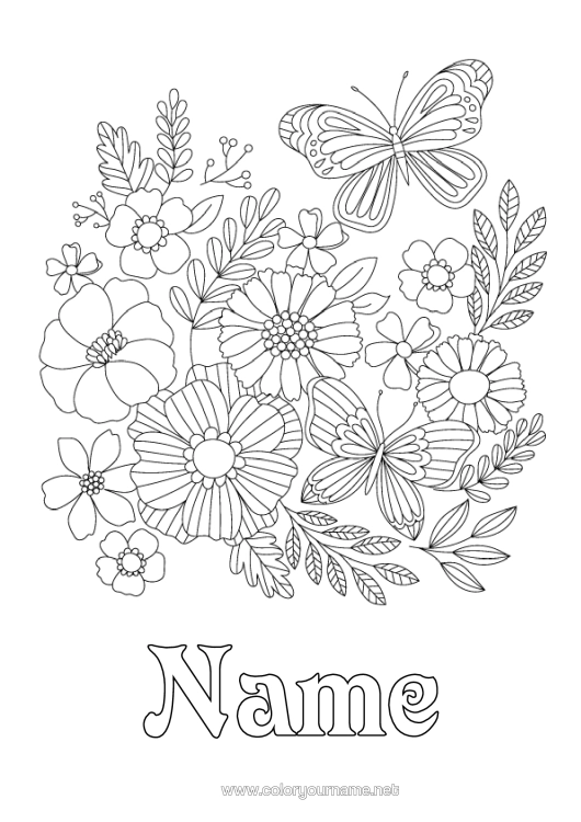 Colouring page to print Flowers Spring Butterfly Complex Colouring Pages Insects