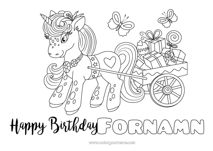 Färgläggningssida att skriva ut Gåvor Födelsedag Enhörning Mellannivå färgläggningar Grattis på födelsedagen! Drakar, enhörningar och fantastiska djur