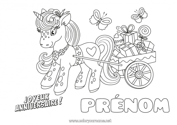 Coloriage à imprimer Cadeaux Anniversaire Licorne Coloriages intermédiaires Joyeux anniversaire (français) Message Dragons, licornes et animaux fantastiques