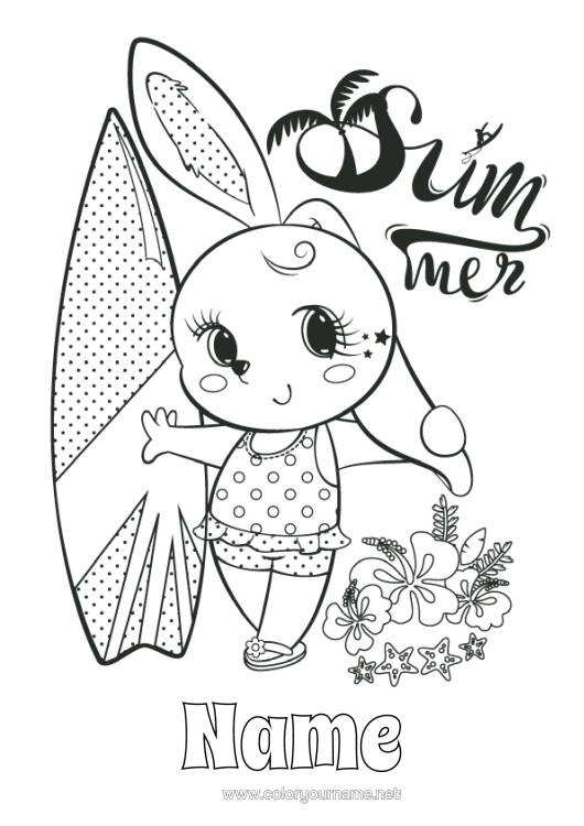 Colouring page to print Sport Summer Rabbit Animal Surfing Forest Animals Hibiscus Water Sports