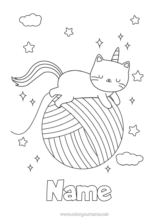 Colouring page to print Cute Cat Cute Unicorn Animal Dogs And Cats Dragons, Unicorns, And Fantastical Creatures Balls Of Wool
