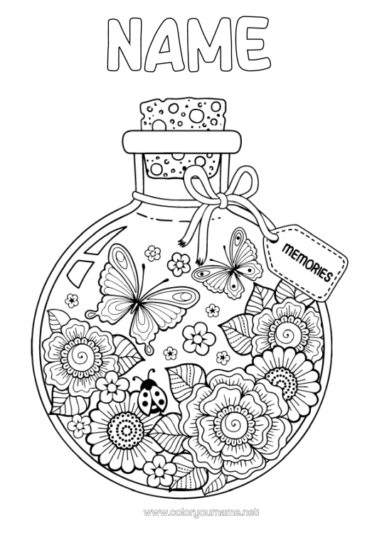Colouring page to print Flowers Summer Butterfly Animal Ladybird Intermediate Colouring Sheets Insects