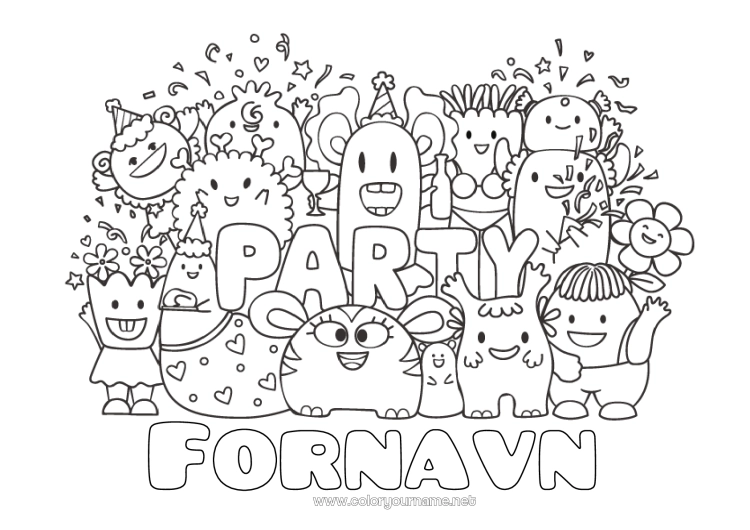 Farvelægningssiden til udskrivning Monster Fødselsdag Kawaii Fest Komplekse farvelægninger