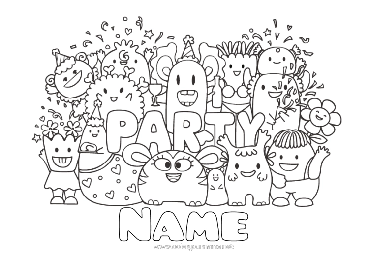 Colouring page to print Monster Birthday Cute Party Complex Colouring Pages