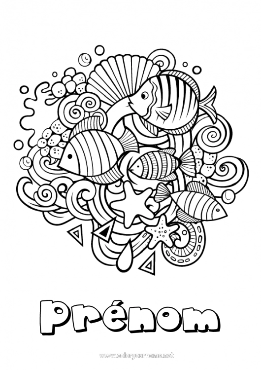 Coloriage à imprimer Mandala Été Mer Animal Poisson Symboles Coloriages complexes Animaux marins ou aquatique