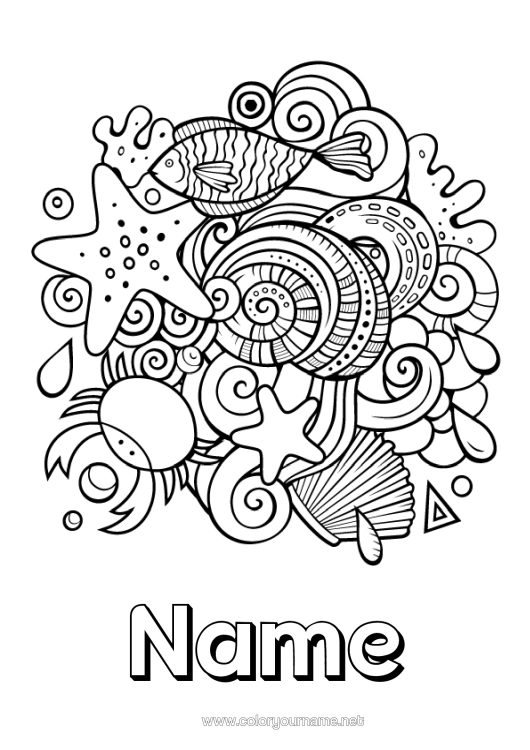 Colouring page to print Mandala Summer Sea Animal Fish Symbols Marine Or Aquatic Animals