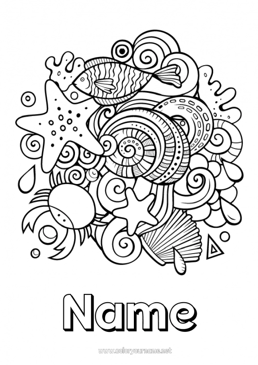 Coloring page to print Mandala Summer Sea Animal Fish Symbols Marine or aquatic animals