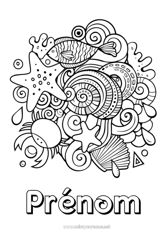 Coloriage à imprimer Mandala Été Mer Animal Poisson Symboles Animaux marins ou aquatique