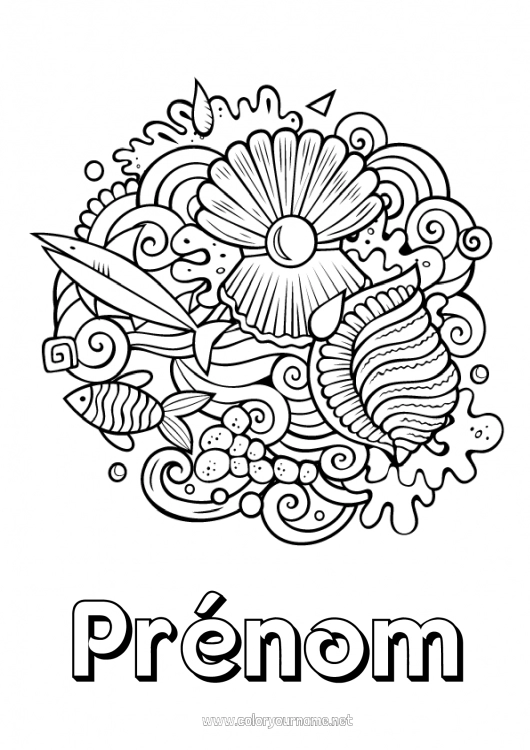 Coloriage à imprimer Mandala Été Mer Animal Poisson Symboles Animaux marins ou aquatique