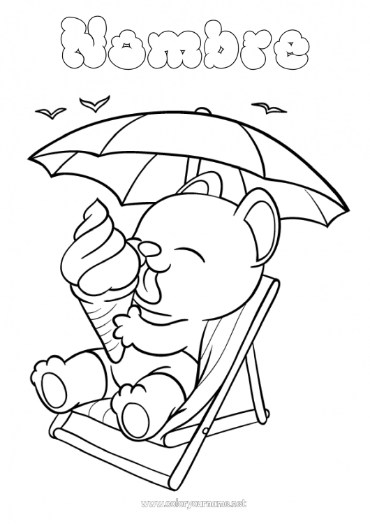 Dibujo para colorear para imprimir Verano Playa Animales Golosinas Helado Parasol, sombrilla de playa Tumbona