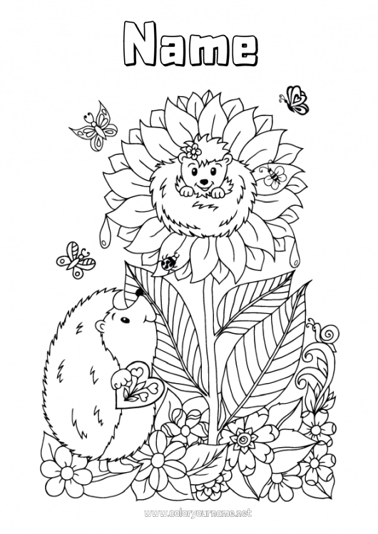 Coloring page to print Flowers Hedgehog Summer Butterfly Sunflower Insects Forest animals