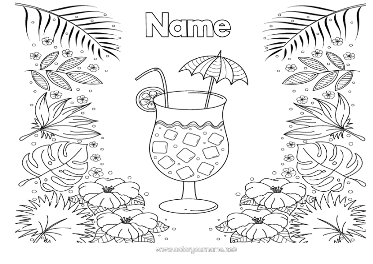 Colouring page to print Flowers Summer Leaves Drink Cocktail